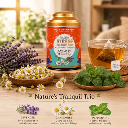 Image of SANCHA Tea Boutique Stress Herbal Tea, 25 Pyramid Tea Bags, Caffeine-Free Chamomile Lavender Mint Herbal Infusion
