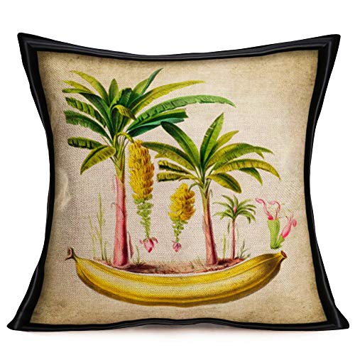 Sharej Set Of 4 Tropical Throw Pillow Covers, Palm Trees And Banana Trees With Black Edge Decorative Square Accent Pillow Cases, 18 X 18 Inches, Cotton Linen #TOP3