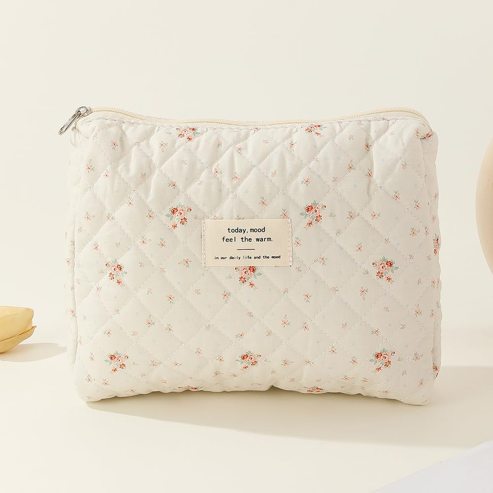 CHAMAIR 3Pcs Coquette Makeup Bag - Quilted Cosmetic Bag Large Make Up Bag Set Aesthetic Floral Toiletry Bag Cotton Travel Skincare Bag for Women Ladies Girls (Style B4) - Image 3