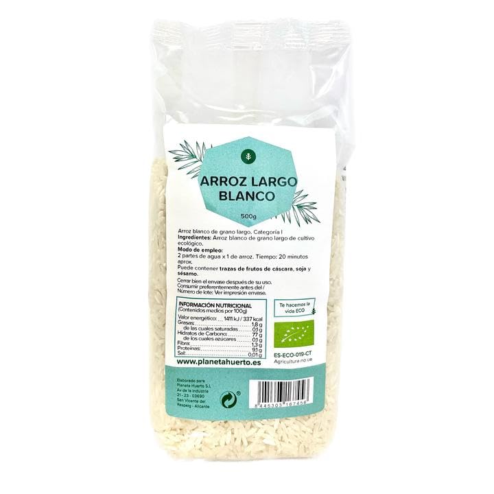 PLANETA HUERTO | Arroz Largo Blanco ECO 500g – Granos Sueltos y Perfectos para Guarniciones