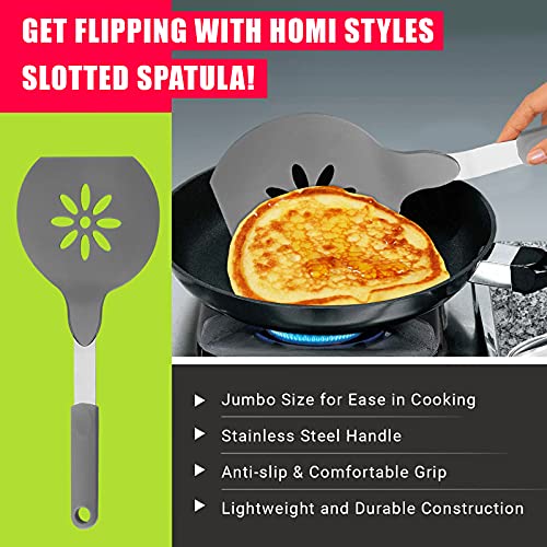 Homi Styles Jumbo Nylon Pancake Spatula | Wide Non-Stick Slotted Blade With Floral Cut-Out Design - Great For Pancake Flipper, And Egg Turner | 15 X 6.5 Inches (Gray) #TOP1