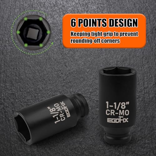 Image of 1 1 /8 Inch Socket 1 /2 inch Drive Deep Impact SAE Socket, Heat-Treated CR-MO Anti-Rounding 6 Point for Easy Removal of Axle Nut