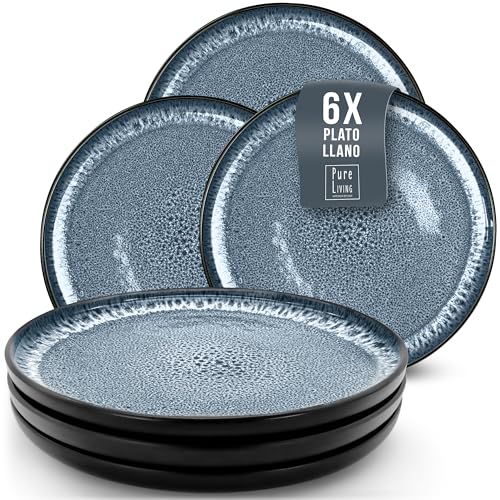 Juego de 6 Platos Grandes de Gres Ibiza - Elegantes Platos para Comida, Apto para Lavavajillas y Microondas - Set de Vajilla para 6 Personas - Pure Living en azul humo