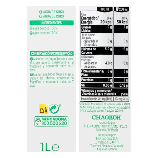 Hacendado Eau de Coco 100% Naturelle, Sans Sucres Ajoutés, 1L, Pack de 6