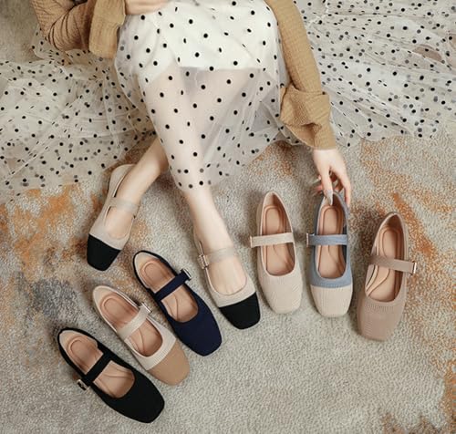 Knit Flats for Women Mary Jane Ballet Flats Casual Square Toe Flat Shoes Comfort Dressy Flats Shoes with Ankle Strap 20254
