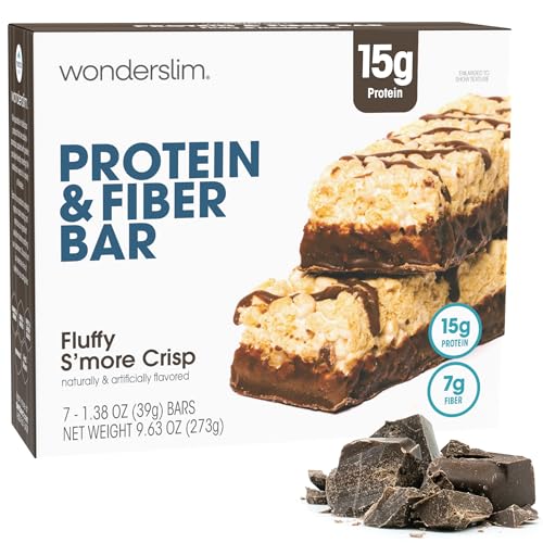 Wonderslim High Fiber Protein Bars, Fluffy S'more Crisp | 15g Protein, 8g Fiber | Low Sugar, Low Carb | Healthy Indulgence | Satisfying, Supports Energy & On-the-Go Convenience, 7 Pack