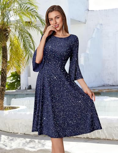 Image of HomRain Women's Church Dresses Modest Bell Sleeve Wedding Guest Cocktail Tea Party Vintage Evening Dress