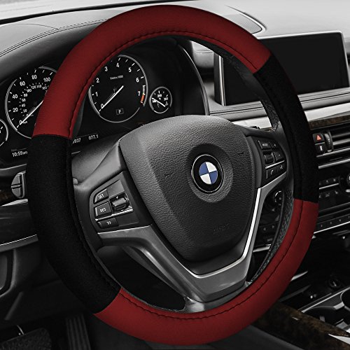 Image of FH Group Universal Fit Modernistic and Seat Belt Pads Combo Set Red Steering Wheel Cover Fits Most Cars, SUVs