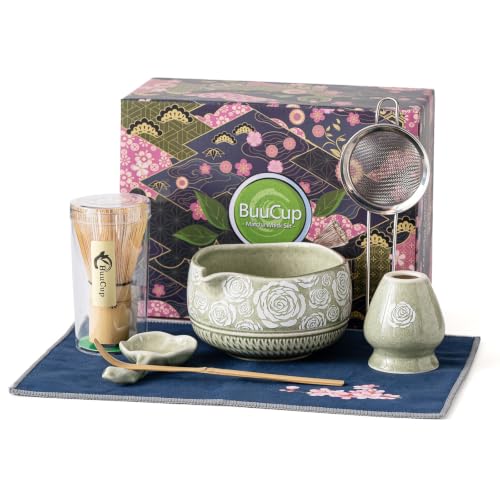 Image of Matcha Whisk Set, 7-Pc Ceramic Matcha Bowl Kit, Bamboo Whisk,(Rose Green)