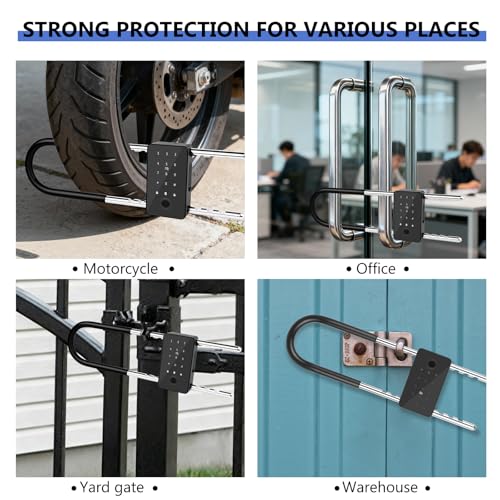 Long Shackle Padlock U Lock Bike Gate Combo U-Lock Adjustable Shackle, Lock with Fingerprint, Keypad Code, App Control, Auto Lock- Suitable for Bicycles, Glass Doors - image 5