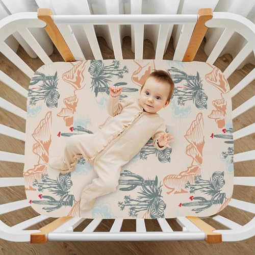 Image of Tropical Desert Cactus and Mountains Fitted Crib Sheets Stretchy Portable Playard Sheets for Baby Toddler, Breathable Soft Mini Crib Mattress 52 x 28 in for Boys and Girls