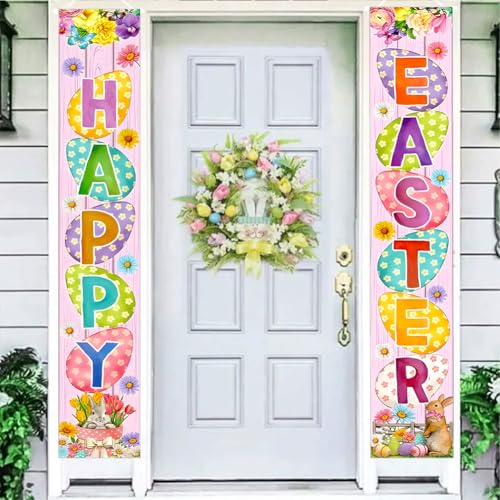Happy Easter Porch Banner with Bunny Egg tulip Party Front Door S...