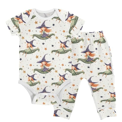vvfelixl Baby Layette Sets Clothes,Cartoon Witch with Magic Carpet Baby Bodysuits Set,Unisex Babys Pants Sets Short Sleeve 12-18M