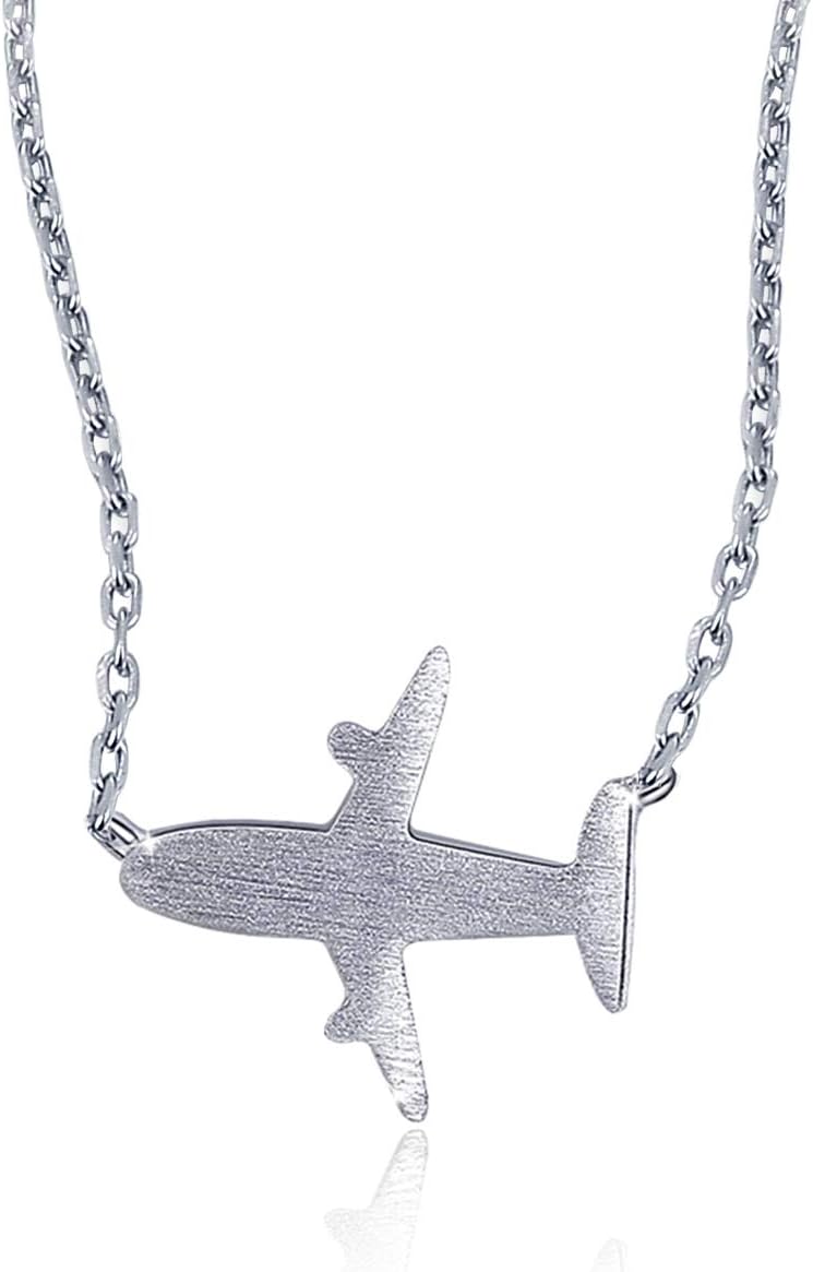 SIMPLOVE 925 Sterling Silver Flying Airplane Necklace Frosted Travelling Pendant Choker for Women Girls Gift Jewellery
