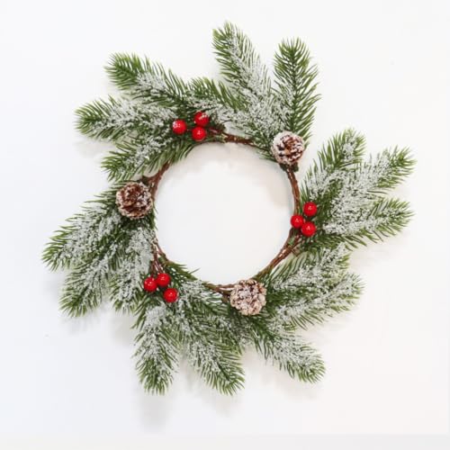 2pcs Small Christmas Wreath Candle Rings Artificial Cedar Cypress Wreaths with Pinecones & Red Berries, Candle Holders for Holiday Table Centerpiece Decor