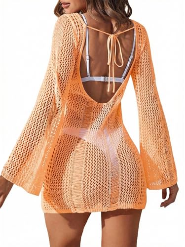 Image of Floerns Women's Crochet Cover Up Long Sleeve Hollow Out Bikini Swimsuit Beach Cover Up Swimwear