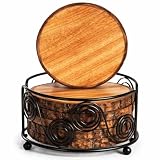 Luxurious Wood Coasters (Set of 5) with Metal Holder, Light Weight and Fitted in Natural Bark Tree, Coaster for Tea, Drinks, Mugs, Cans, Glasses 4 x 4 inch (Coasters with Stand)