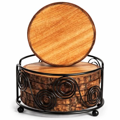 Luxurious Wood Coasters (Set of 5) with Metal Holder, Light Weight and Fitted in Natural Bark Tree, Coaster for Tea, Drinks, Mugs, Cans, Glasses 4 x 4 inch (Coasters with Stand)