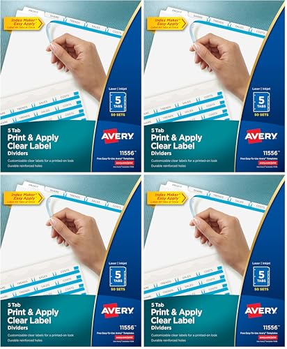 Image of Avery Dividers for 3 Ring Binder, Easy Print & Apply Clear Label Strip, Index Maker Customizable White Tabs, 50 Sets (11556) 5 tab (Pack of 4)