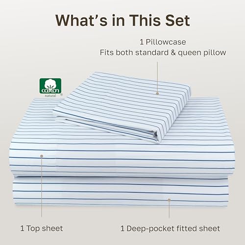 Image of California Design Den Printed Striped Twin XL Sheets Set - 600 Thread Count, 100% Cotton Sateen, Premium Deep Pocket Extra Long Twin Sheets - Classic Blue Stripe Print