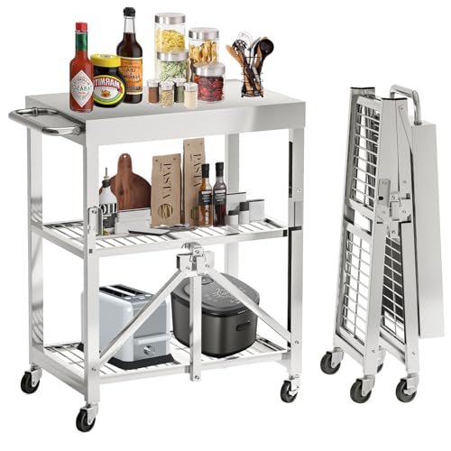 Stainless Steel Foldable Rolling Kitchen Cart with 3-Tier Shelves, 300LB Capacity, Wheels & Foldable Design, Top Worktable for Food Prep, Ideal for Kitchen, Restaurant, Warehouse, Outdoor & Hotel Use