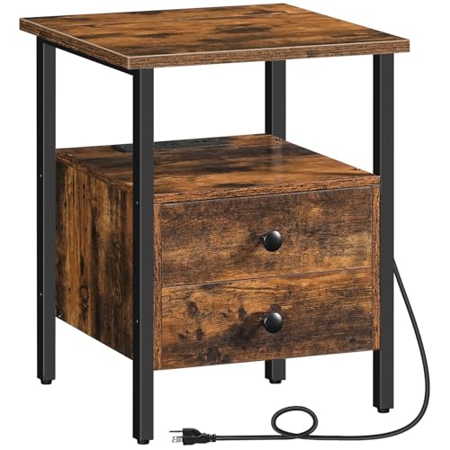 HOOBRO End Table with Charging Station, Bedside Table with 2 Drawer & USB Ports & Power Outlets,...