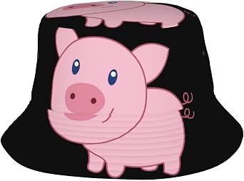 Cute Cartoon Pig Bucket Hat Summer Beach Outdoor Sun Fisherman Hat for Men Women Black