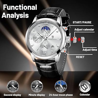 LIGE Chronograph Watch for Men Wrist Leather Analog Dress Waterproof Vintage Work Casual Unique Retro Quartz Date Moon Phase Display Luminous 3ATM Water Resistant Mens Watches