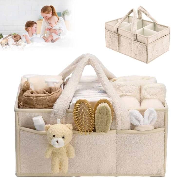 agctrler Wickeltasche Organizer Plüsch Qualitäts-Upgrade, Tragbarer Wickeltisch Organizer mit Teddy, Baby Wickelkorb mit Herausnehmbaren Fächern, Baby Aufbewahrungskorb für Wickel und Babysachen