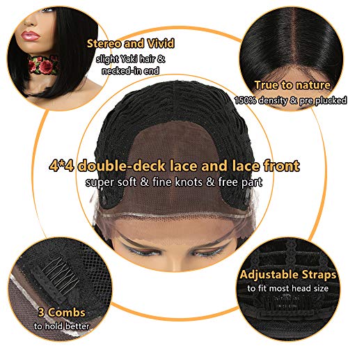 Noble Bob 4X4 Lace Front Wig Short Straight Black Bob Wigs For Women With Baby Hair Free Part Glueless Synthetic Lace Front Bob Wigs For Daily Party Cosplay Use 11.5 Inch #TOP4