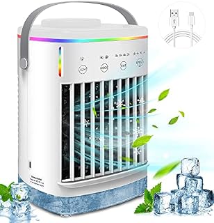 Portable Air Cooler, SogYupk 5 in 1 Mini Air Conditioners Personal Mobile Evaporative Cooler USB Desk Cooler Fan with 4 Wind Speeds, 2 Cooling Mist, 2-8 H Timer, 7 Night Lights for Home Office