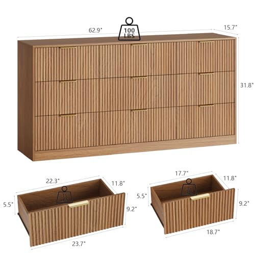 Image of Fluted Dresser for Bedroom with 9 Drawer, 63 inch Wide Wooden Dresser Mid Century Chest of Drawers with Handle, Dressers TV Stand Storage Organizer for Bedroom, Living Room, Natural Wood