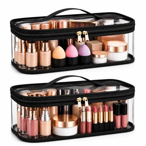 Image of RAAHII 2 Piece Transparent Makeup Organizer Bag for Women | Waterproof PVC Cosmetic Travel Pouch | Vanity & Toiletry Storage for Makeup, Skincare, Brushes & Accessories | Clear Organizer Case