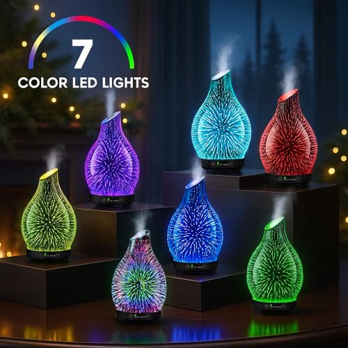 120ML Essential Oil Diffuser, 3D Glass Aromatherapy Diffuser with Auto Shut-Off and 7 Color LED Lights, Ultrasonic Mist Humidifier with 4 Timer for Home Office Bedroom (3D Fireworks) - Image 6
