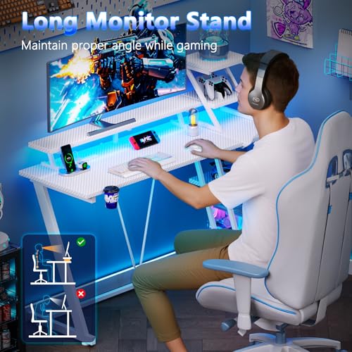 Image of Korfile 40 Inch White Gaming Desk with LED Lights & Power Outlet, Small Gaming Computer Desk with Storage Shelves, L Shaped Gamer Workstations with Monitor Stand for Bedroom