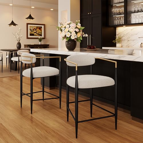 Morden Fort Counter Height Bar Stools Set of 2, Modern Upholstered Counter Stools with Gold Arms and Black Metal Legs, Boucle Island Chairs for Kitchen and Home Bar