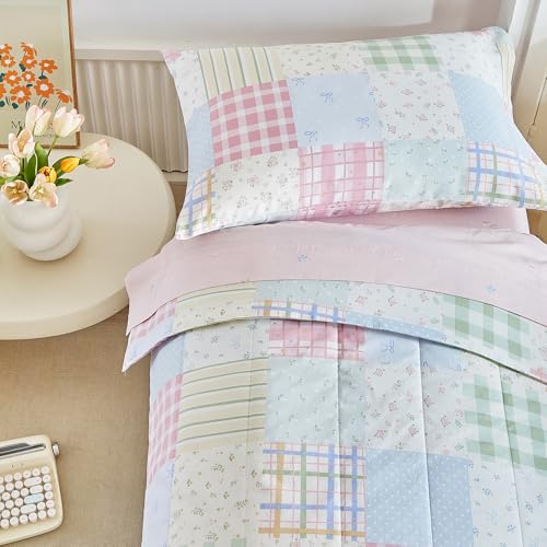 Image of Joyreap 4 Piece Cotton Toddler Bedding Set- Gingham Check Patchwork Design, Toddler Comforter Set for Girls, Includes Quilted Comforter, Fitted Sheet, Top Sheet, and Pillow Case