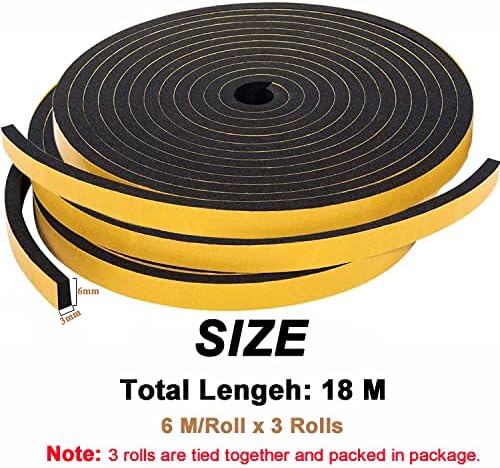 Weather Stripping Foam Tape, 6mm(W) x 3mm(T) x 18m(L) Adhesive Insulation Seal Tape, Window Door Draft Excluder for Gap Seal/Cold Against/Anti-Collision/Soundproof/Waterproof/Dustproof