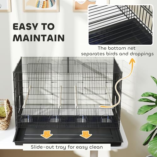 PawHut Bird Cage with Divider, Parrot Cage with 4 Wooden Perches, Slide Out Tray, 4 Feeders, for Budgie, Lovebird, Canary, Finches, 76 x 46 x 46cm, Black - Image 6
