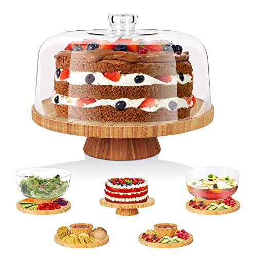 Hevol Cake Stand With Acrylic Dome Cover, Bamboo Cake Plate With Lid, 6 In 1 Multifunctional Cake Holder, Serving Tray, Salad Bowl, Veggie Stand, Punch Bowl, Snack Platter, For Display Cakes, Dessert #TOP9