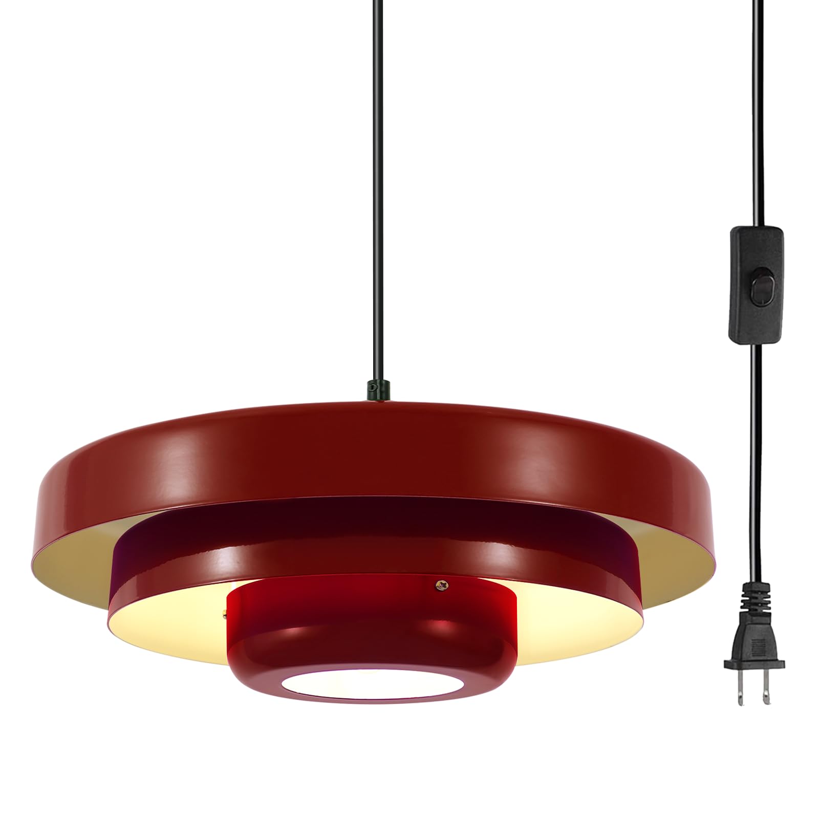 Industrial Red Hanging Pendant Light with 14.75ft Adjustable Cord, 3-Layer Metal Lampshade, E26 Base, Farmhouse Sink Lighting for Kitchen Island Dining Room Bedroom (Bulbs Not Included)