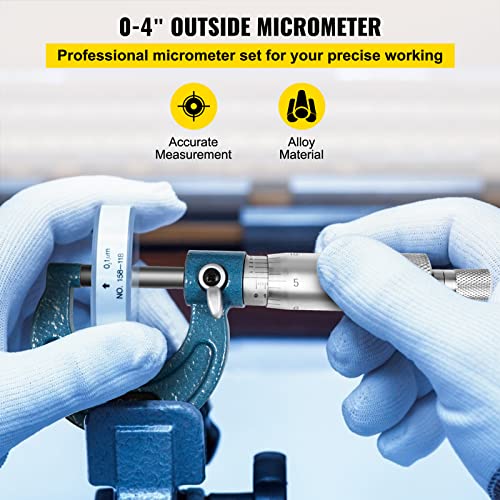 VEVOR Buiten Micrometer Set, 0-4" Metrisch Buiten Micrometer, 0,0001" Buitendiameter Micrometer Set, 4-delige Beugelmeetschroef, Legering Externe Micrometer Set, Lasergeëtste Set met Passende Koffer - Image 3