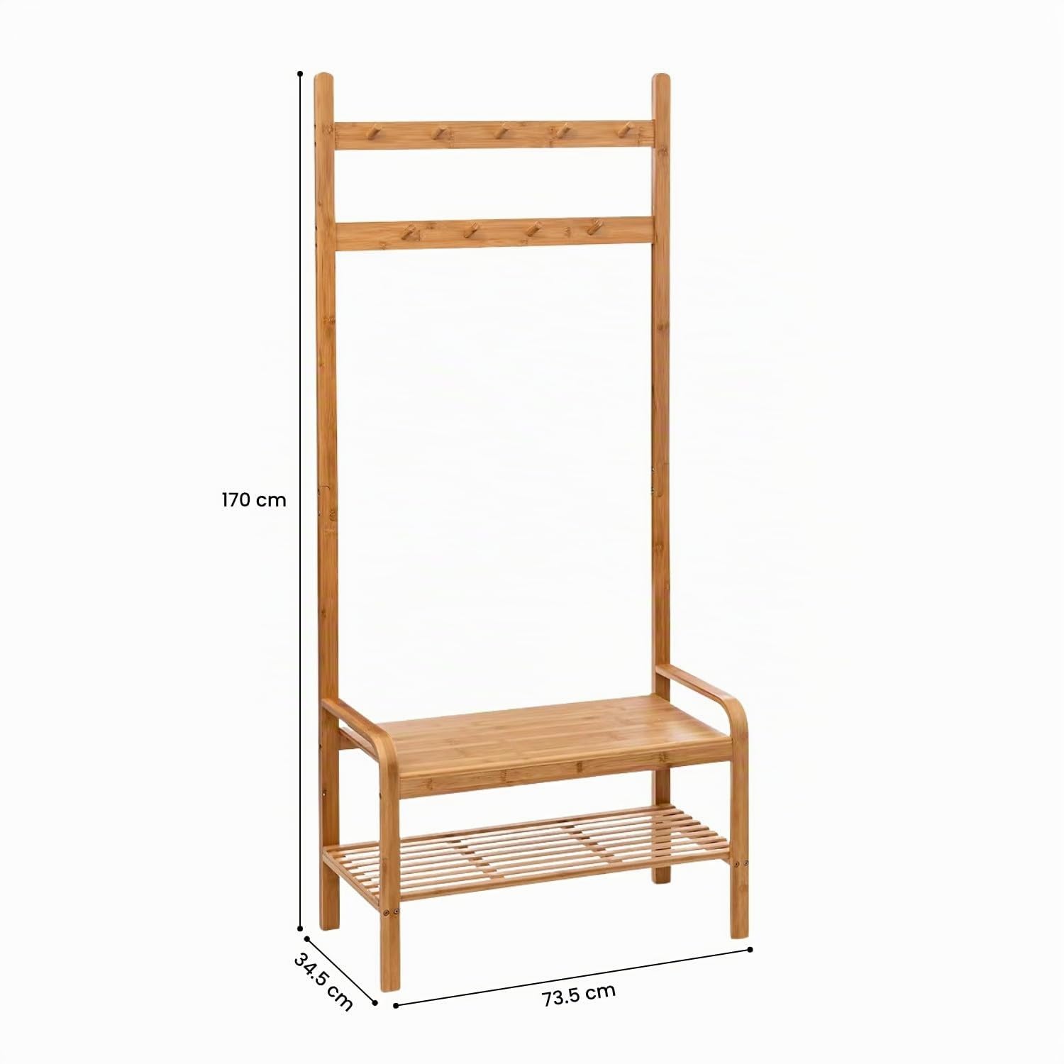 THINIA HOME - Perchero de Pie de Bambú Natural con Banco Zapatero y Ganchos de Madera, Organizador de Entrada, Dormitorio o Recibidor, Estilo Nórdico, 73.5x34.5x170 cm