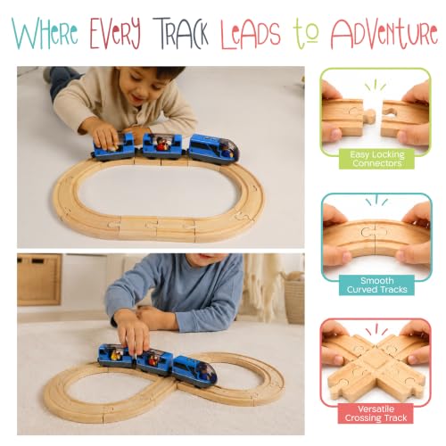 Image of Kipipol Electric Train Set with 18 Pcs Wooden Train Tracks, Battery Operated Train for Wooden Track, Motorized Train for Toddlers 3-5 and Kids Ages 4-8, Christmas Birthday Gift
