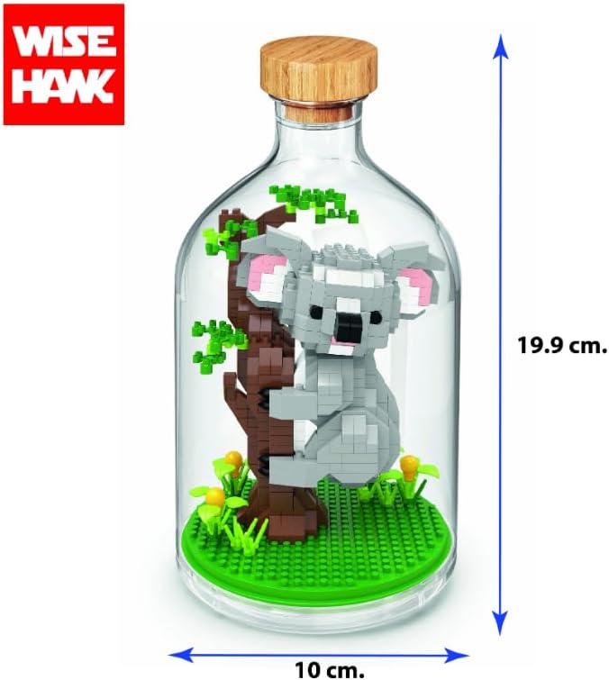 WiseHawk Koala Bear miniature block model inside a clear bottle, with '608 Blocks!' text indicating the total number of pieces.