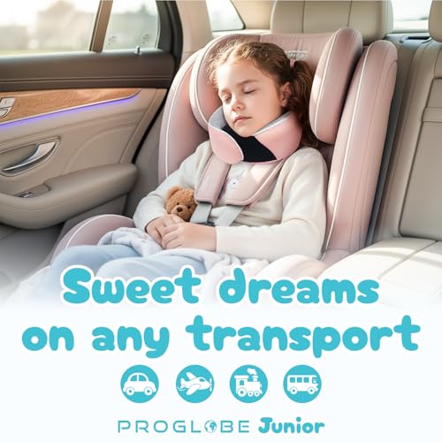 Image of Proglobe Junior Kids Travel Neck Pillow - Ergonomic Memory Foam Pillow for Airplane, Car, Booster Seat - Soft, Washable, Compact Travel Pillow with Strap - Light Pink - Ages 4-13
