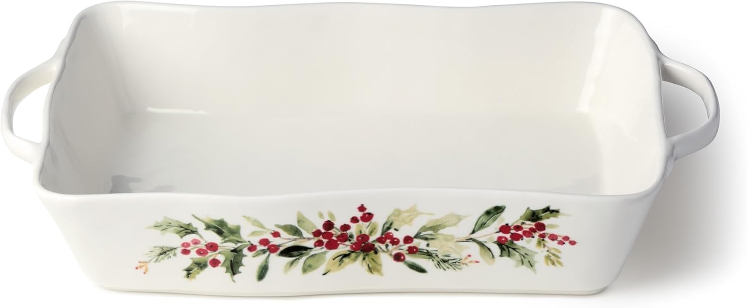 Holly and Vines Large Rectangular Baker, 150 oz Stoneware Casserole Dish for Roasting, Lasagna, Holiday Entrees & Oven-to-Table Serving, Microwave & Dishwasher Safe, Christmas Bakeware