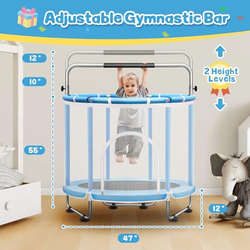 Seray 55\" Safty Toddler Trampoline with Enclosure Net, Indoor & Outdoor Kids Trampoline with Basketball Hoop, Swing, Gymnastics Bar & Pit Balls, 6-in-1 Mini Jumping Toy for Baby Boys & Girls
