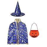 iixpin Kinder Halloween Kostüm Set - Zauberer Hexe Umhang Kap Robe mit Glitzer Stern Druck und Hut für Jungen Mädchen Hexen Cosplay Kostüm Blau mit Tasche Einheitsgröße