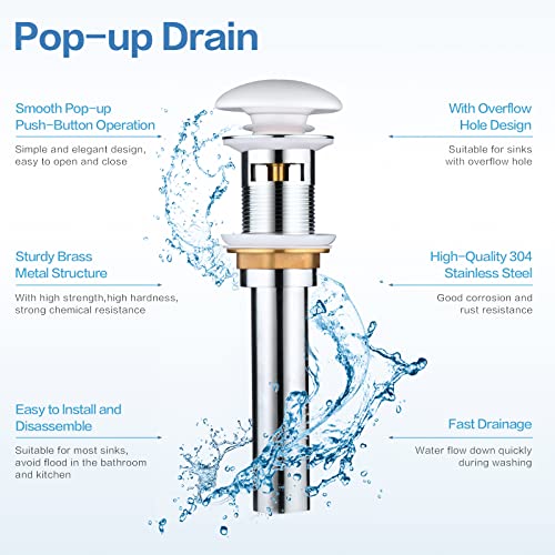Davivy White Ceramic Pop Up Drain With Overflow,Bathroom Sink Drain,Vanity Sink Drain,Vessel Sink Drain With Overflow,Pop Up Drain Stopper For Bathroom Sink, Fits Standard American Drain Hole #TOP1